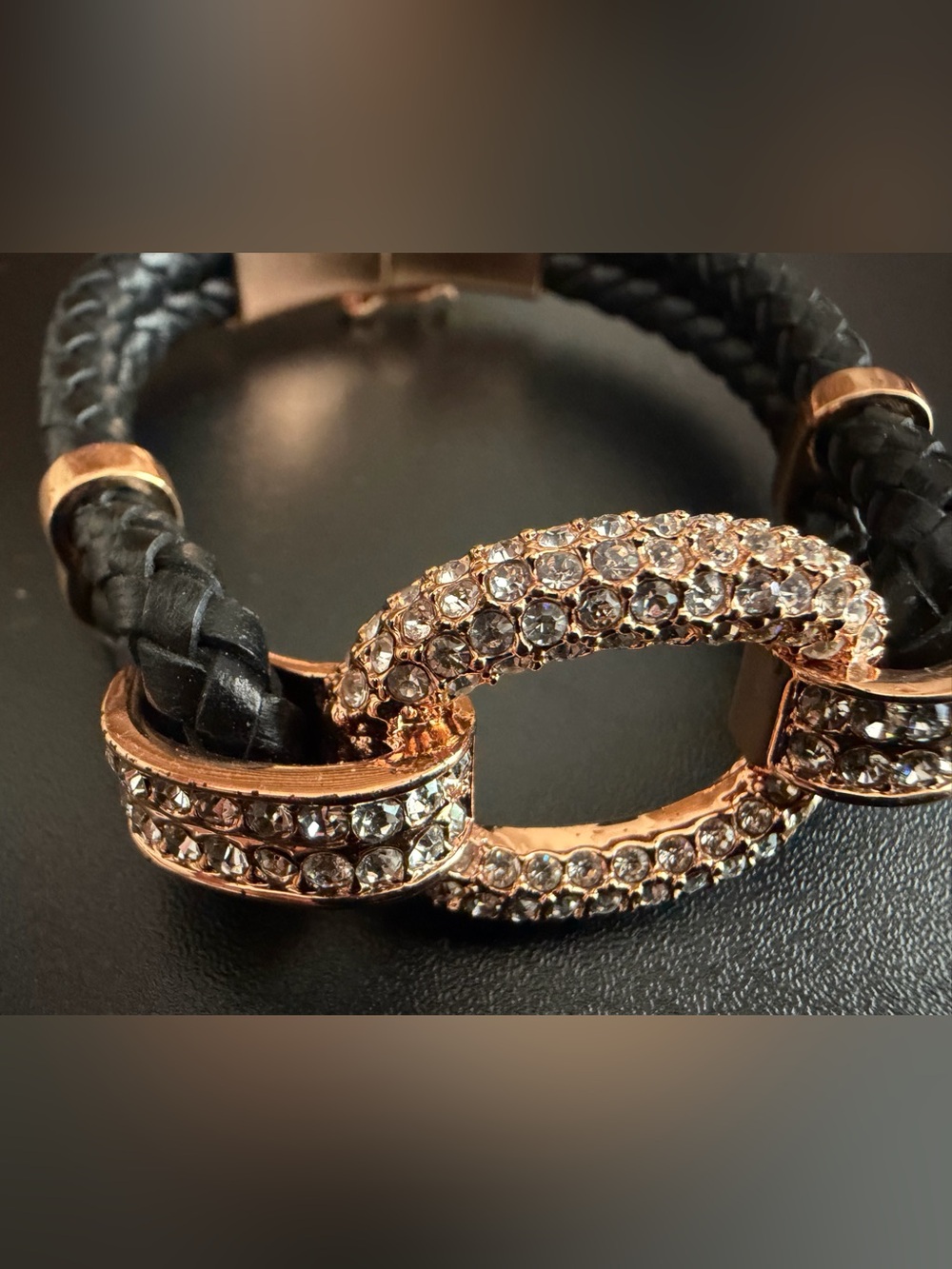 JOAN BOYCE BRAIDED BLACK LEATHER CORD BRACELET WITH CLEAR PAVE CRYSTALS